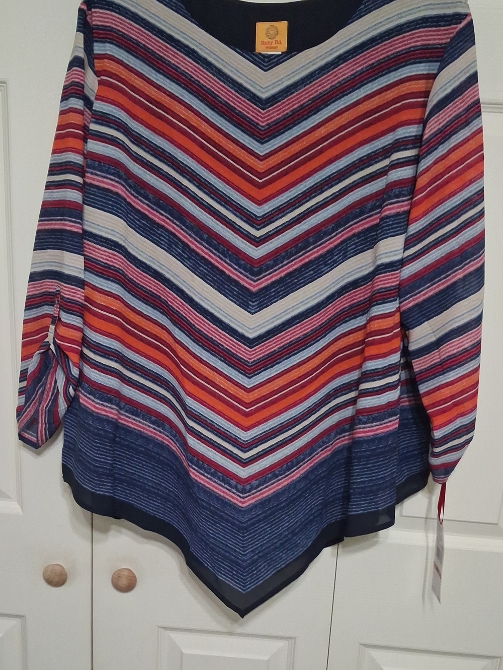 Ruby Rd. Chevron Stripe V-Neck Tunic in Navy, Red & Pink